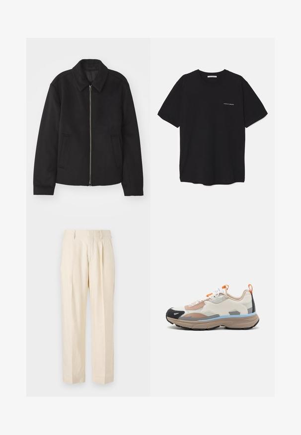 Μαύρο μπουφάν με φερμουάρ, κομψή γραμμή, στρογγυλός γιακάς και τσέπες με άνοιγμα. Κατασκευασμένο από μαλακό, υφασμάτινο υλικό.; Μαύρο βαμβακερό T-shirt με στρογγυλή λαιμόκοψη, κοντά μανίκια και λευκή εκτύπωση λογότυπου στην αριστερή πλευρά του στήθους. Απλός, μονόχρωμος σχεδιασμός.; NN.07 KAY - Παντελόνι - off white; Maison Kitsuné SORA RUNNERS - Αθλητικά παπούτσια - acer leaf
