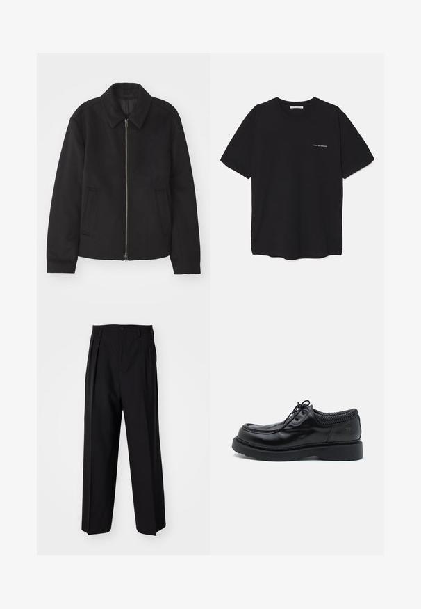 Černá bunda se zipovým uzávěrem, střižená designem, kulatým límcem a kapsami na bocích. Vyrobena z hladké, strukturované tkaniny.; Černé bavlněné tričko s kulatým výstřihem, krátkými rukávy a bílým logem potisknutým na levé straně hrudi. Jednoduchý, jednobarevný design.; Černé skládací kalhoty s rovnými, širokými nohavicemi. Vyrobené z hladké tkaniny, se zapínáním na knoflík a poutky na opasek.; Černé kožené boty s kulatou špičkou a silnou gumovou podrážkou. Obsahují zapletený límec a zakřivené švy na svršku.