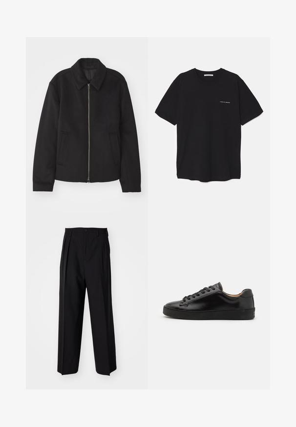 Casaco preto com fecho de correr, design ajustado, colarinho redondo e bolsos com fenda. Feito de um tecido liso e texturizado.; T-shirt preta de algodão com gola redonda, mangas curtas e impressão de logó tipo branca no lado esquerdo do peito. Design simples, de cor sólida.; Calças pretas plissadas com um design reto e de perna larga. Feitas de um tecido liso, apresentam um fecho de botão e passantes para cinto.; Sapatilha de couro preta com acabamento liso, bico redondo e atacadores pretos. Apresenta uma marcação mínima no calcanhar e uma sola de borracha.