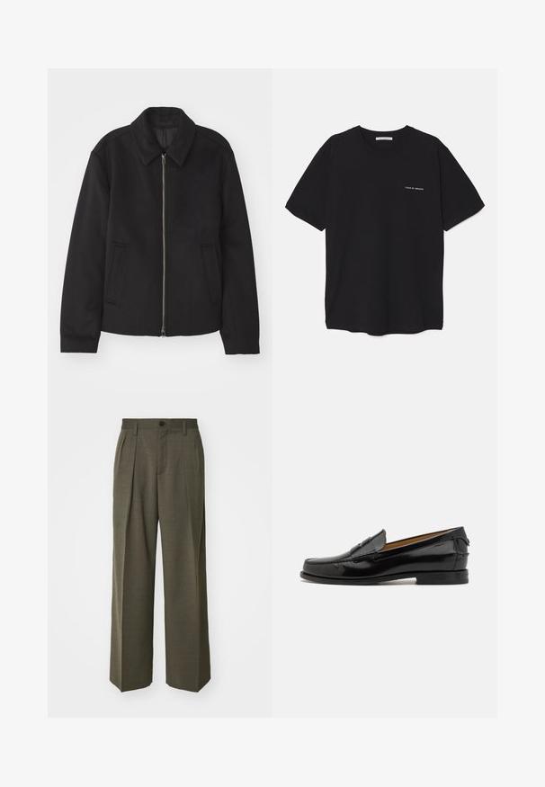 Černá bunda se zipovým uzávěrem, střižená designem, kulatým límcem a kapsami na bocích. Vyrobena z hladké, strukturované tkaniny.; Černé bavlněné tričko s kulatým výstřihem, krátkými rukávy a bílým logem potisknutým na levé straně hrudi. Jednoduchý, jednobarevný design.; Filippa K WIDE TROUSERS - Kalhoty - driftwood; Bally CHARLEX - Elegantní nazouvací boty - black