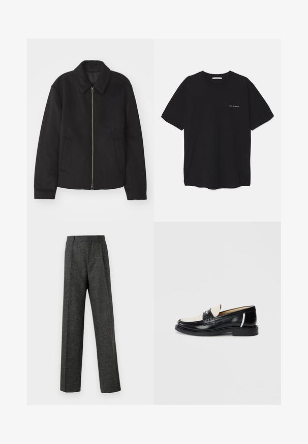 Giacca nera con chiusura con zip, design sartoriale, collo arrotondato e tasche a fessura. Realizzata in un tessuto morbido e texture.; T-shirt in cotone nero con collo rotondo, maniche corte e stampa bianca del logo sul lato sinistro del petto. Design semplice e monocromatico.; Pantaloni grigi su misura realizzati in tessuto strutturato, con due pieghe frontali e un design a gamba dritta. Nessuna tasca o decorazione visibile.; Mocassino in pelle bianca e nera con punta rotonda, tacco basso e dettaglio a fascia sulla parte superiore, mostrato di lato su uno sfondo bianco.