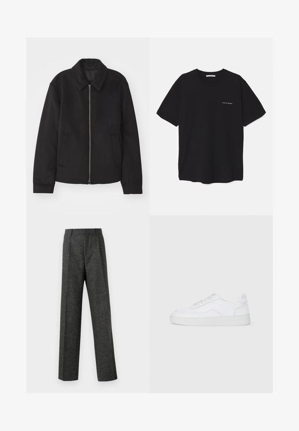Czarna kurtka z zamkiem błyskawicznym, dopasowany krój, okrągły kołnierz i kieszenie cięte. Wykonana z gładkiego, teksturowanego materiału.; Czarny bawełniany T-shirt z okrągłym dekoltem, krótkimi rękawami i białym nadrukiem logo na lewej piersi. Prosty, jednolity kolor.; Szare spodnie o dopasowanym kroju wykonane z teksturowanej tkaniny, z dwoma fałdami z przodu i prostymi nogawkami. Brak widocznych kieszeni i zdobień.; Białe niskie trampki z sznurowanym przodem, gładką cholewką i gumową podeszwą na jednolitym jasnym tle.