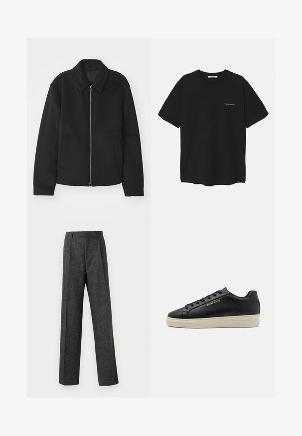 Jachetă neagră cu închidere prin fermoar, design ajustat, guler rotund și buzunare cu fanta. Fabricată dintr-un material neted, texturat.; Tricou din bumbac negru, cu guler rotund, mâneci scurte și un imprimeu alb cu logo pe partea stângă a pieptului. Design simplu, de culoare uniformă.; Pantaloni gri ajustați din țesătură texturată, prezentând două pliere frontale și un design drept. Fără buzunare vizibile sau ornamente.; Adidași negri din piele cu un finisaj neted, talpă crem contrastantă, vârf rotund, logo auriu pe lateral și șase orificii pentru șireturi.