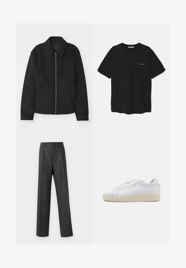 Black jacket with a zip closure, tailored design, a rounded collar, and slit pockets. Made from a smooth, textured fabric.; Black cotton T-shirt with a crew neck, short sleeves, and a white logo print on the left chest. Simple, solid color design.; Gray tailored trousers made of textured fabric, featuring two front pleats and a straight-leg design. No visible pockets or embellishments.; White leather sneaker with a round toe, flat laces, and a cream rubber sole. Features subtle branding in gold and a smooth texture.