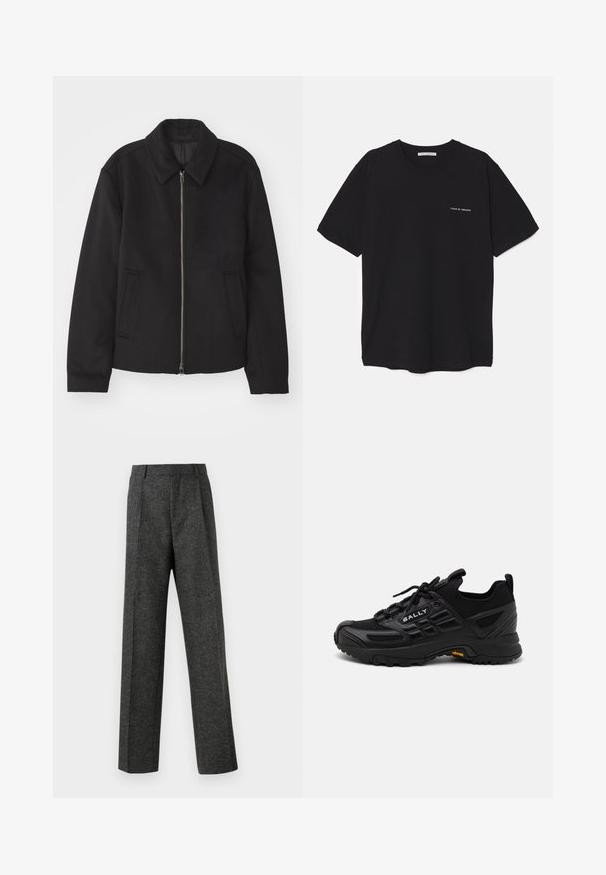 Černá bunda se zipovým uzávěrem, střižená designem, kulatým límcem a kapsami na bocích. Vyrobena z hladké, strukturované tkaniny.; Černé bavlněné tričko s kulatým výstřihem, krátkými rukávy a bílým logem potisknutým na levé straně hrudi. Jednoduchý, jednobarevný design.; Šedé kalhoty na míru vyrobené z texturované tkaniny, s dvěma předními záhyby a rovnými nohavicemi. Bez viditelných kapes nebo ozdob.; Černé sportovní boty s kombinací texturovaných syntetických materiálů a síťoviny. Mají robustní podrážku, šněrovací systém a výrazný detail loga.