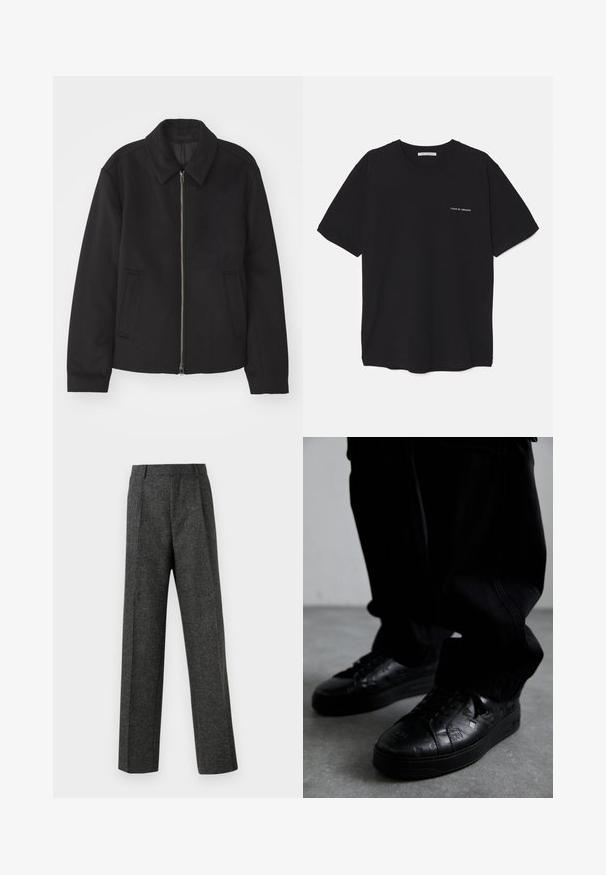 Musta takki vetoketjukiinnityksellä, muotoiltu design, pyöreä kaulus ja viilto-taskut. Valmistettu sileästä, tekstuuripinnoitteisesta kankaasta.; Musta puuvillapaita, jossa on pyöreä kaula-aukko, lyhyet hihat ja valkoinen logopainatus vasemmassa rinnassa. Yksinkertainen, tasavärinen design.; Harmaat räätälöidyt housut, jotka on valmistettu teksturoidusta kankaasta, ja niissä on kaksi etutaskua ja suora lahjemuoto. Ei näkyviä taskuja tai koristeluja.; Musta nahkakengät, joissa on tekstuuripintoja, varustettu kumipohjalla ja pyöreällä kärjellä. Nauhat ovat mustat, mikä täydentää kengän tummaa suunnittelua.