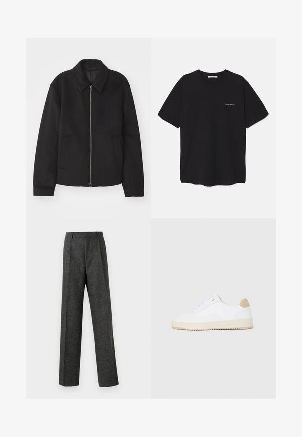Juodas švarkas su užtrauktuku, pritaikyta forma, apvaliu apykakle ir kišenėmis su plyšiu. Pagamintas iš lygios, tekstūruotos medžiagos.; Juoda medvilninė marškinėlė su apykakle, trumpomis rankovėmis ir baltu logotipu kairėje krūtinės pusėje. Paprastas, vientisas spalvų dizainas.; Pilki pritaikyti kelnių modeliai, pagaminti iš tekstūruotos medžiagos, su dviem priekiniais klostėmis ir tiesiogine kojų forma. Nėra matomų kišenių ar puošybų.; Baltos žemos sportbačiai su tekstūruota odine viršutinė dalimi, kreminė banguota priekiu ir ruda kulno akcentu. Yra baltos raištelės ir logotipas ant kulno.