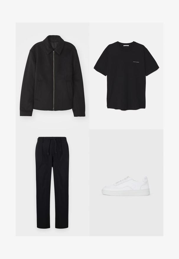 Svart jacka med dragkedjestängning, skräddarsydd design, rund krage och slitsfickor. Tillverkad av ett slätt, strukturerat tyg.; Svart bomull T-shirt med rund hals, korta ärmar och vit logotryck på vänster bröst. Enkel, enfärgad design.; Svarta byxor i slät tyg, med dragsko i midjan, raka ben och framfållningar för en strukturerad look.; Vit låg sneaker med snörning, slät ovandel och gummisula på en neutral ljus bakgrund.