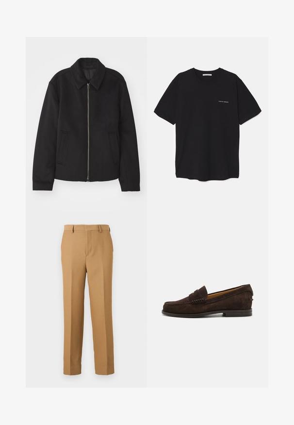Schwarze Jacke mit Reißverschluss, tailliertem Schnitt, rundem Kragen und Schlitztaschen. Hergestellt aus einem glatten, strukturierten Stoff.; Schwarzes Baumwoll-T-Shirt mit Rundhalsausschnitt, kurzen Ärmeln und weißem Logodruck auf der linken Brust. Einfaches, einfarbiges Design.; Beige Anzughosen aus gewebtem Stoff, mit geradem Schnitt, flachem Front und Gürtelschlaufen. Glatte Textur ohne sichtbare Muster.; Braune Wildleder Slipper mit runder Zehenform, gesteppten Details auf dem Vorderschaft und einem niedrigen, gestapelten Absatz für ein klassisches Design.