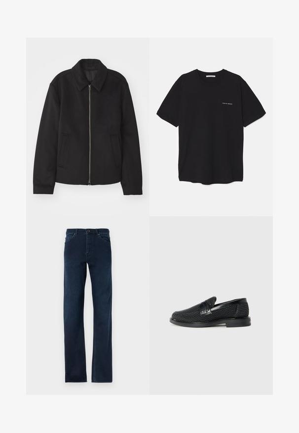 Crna jakna s patentnim zatvaračem, prilagođenog dizajna, zaobljenim kragnom i proreznim džepovima. Izrađena od glatkog, teksturiranog materijala.; Crna pamučna majica s okruglim izrezom, kratkim rukavima i bijelim logotipom otisnutim na lijevoj strani prsnog koša. Jednostavan dizajn u jednoj boji.; Tamno plave traperice s ravnim nogavicama, pet džepova, dugmetom za zakopčavanje i kontrastnim šavovima.; Crne pletene cipele bez pertli s glatkim kožnim naglaskom na gornjem dijelu, s dizajnom okruglog nosa i niskoprofilnom gumenom đonom.
