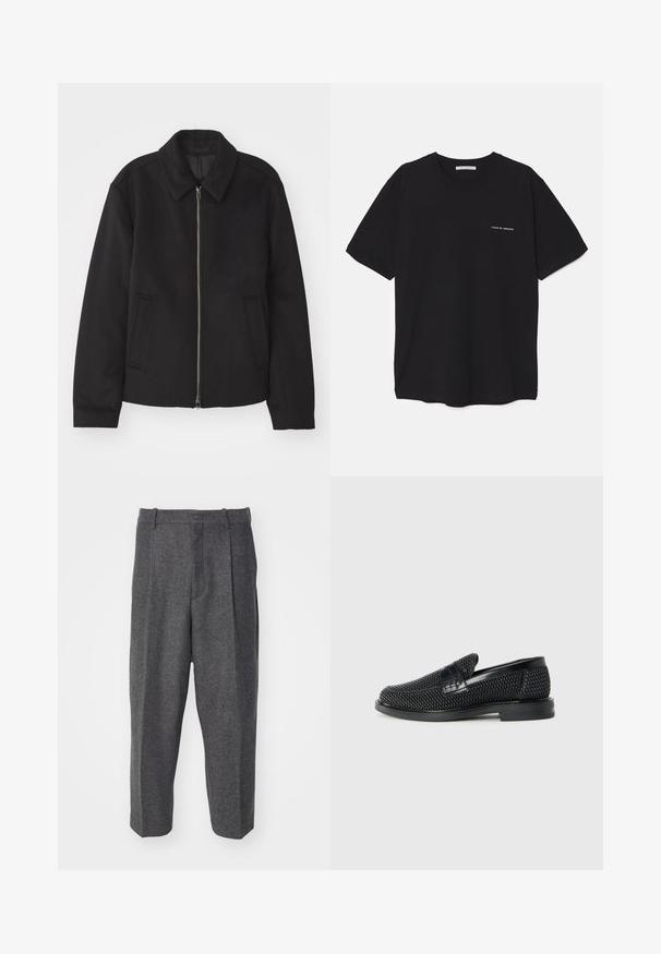 Zwarte jas met ritssluiting, op maat gemaakte ontwerp, ronde kraag en splitzakken. Gemaakt van een gladde, gestructureerde stof.; Zwarte katoenen T-shirt met een ronde hals, korte mouwen en een witte logo-print op de linkerkant van de borst. Eenvoudig, effen kleur ontwerp.; Grijze wollen broek met een gestructureerde afwerking, voorzien van een geplooid ontwerp, brede pijpen en een tailleband zonder zichtbare sluitingen.; Zwartegeweven instap schoenen met een glad leren accent aan de bovenkant, een ronde neusontwerp en een laag profiel rubberen zool.