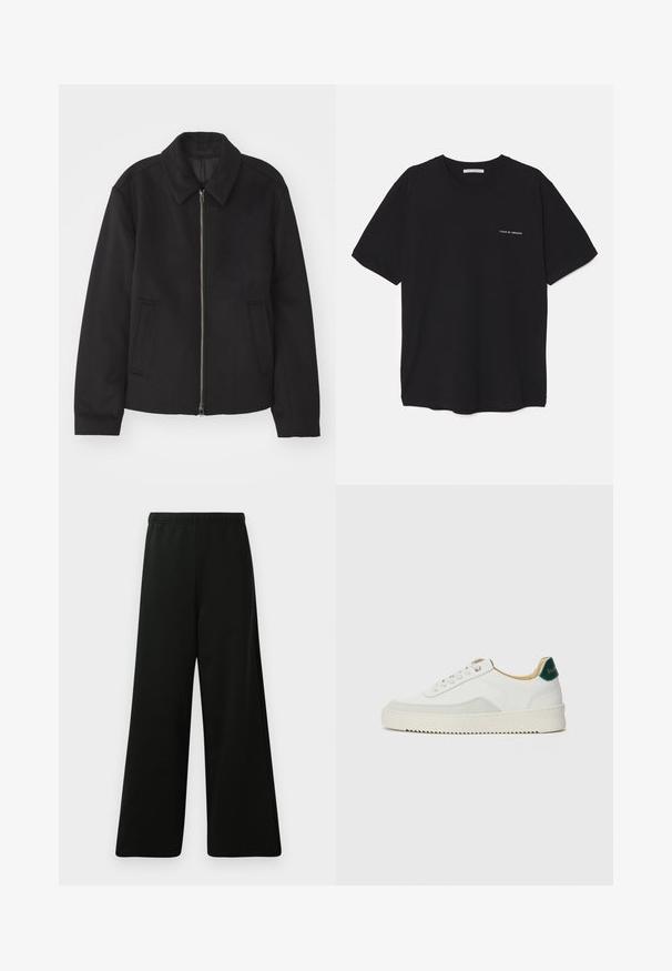 Juodas švarkas su užtrauktuku, pritaikyta forma, apvaliu apykakle ir kišenėmis su plyšiu. Pagamintas iš lygios, tekstūruotos medžiagos.; Juoda medvilninė marškinėlė su apykakle, trumpomis rankovėmis ir baltu logotipu kairėje krūtinės pusėje. Paprastas, vientisas spalvų dizainas.; Juodos plačios kelnės pagamintos iš minkštos medžiagos. Savybės: elastinga juosmens dalis, lygi tekstūra ir paprastas, modernus dizainas be raštų.; Baltos sportbačiai su zomšos akcentais, apvaliu nosiu, plokščiais raišteliais ir kreminės spalvos guminiu padu. Ant kulno yra žalia ženklinimo detalė.