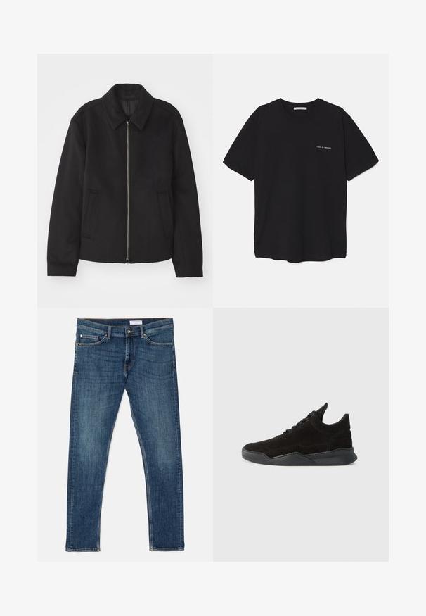 Μαύρο μπουφάν με φερμουάρ, κομψή γραμμή, στρογγυλός γιακάς και τσέπες με άνοιγμα. Κατασκευασμένο από μαλακό, υφασμάτινο υλικό.; Μαύρο βαμβακερό T-shirt με στρογγυλή λαιμόκοψη, κοντά μανίκια και λευκή εκτύπωση λογότυπου στην αριστερή πλευρά του στήθους. Απλός, μονόχρωμος σχεδιασμός.; Σκούρα μπλε τζιν παντελόνια με στενή εφαρμογή, κλασικό σχέδιο πέντε τσεπών, ορατές ραφές και εφαρμοστή μέση. Χωρίς στολίδια ή σχέδια.; Μαύρο σουέτ αθλητικό παπούτσι με χαμηλό προφίλ, υφή στο επάνω μέρος, επίπεδα κορδόνια και συμπαγή καουτσούκ σόλα που διαθέτει ελαφρώς τακούνι και καμπυλωτό σχέδιο.