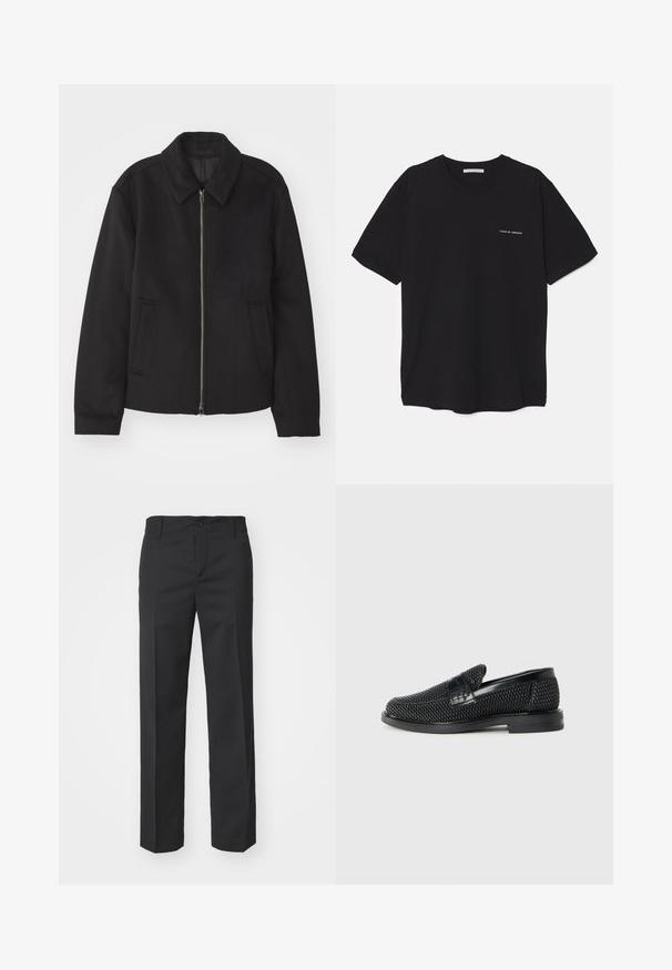 Black jacket with a zip closure, tailored design, a rounded collar, and slit pockets. Made from a smooth, textured fabric.; Black cotton T-shirt with a crew neck, short sleeves, and a white logo print on the left chest. Simple, solid color design.; Filippa K TROY TROUSERS - Trousers - black; Black woven slip-on shoe with a smooth leather accent on the upper, a round toe design, and a low-profile rubber sole.