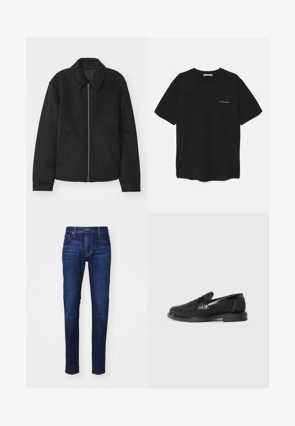 Črna jakna z zadrgo, prilagojena zasnova, okrogla ovratnica in žepi z rezi. Narejena iz gladke, teksturirane tkanine.; Črna bombažna majica s kratkimi rokavi in okroglim ovratnikom, z belim logotipom natisnjenim na levi prsni strani. Preprost, enobarven dizajn.; Temno modri kavbojki s ravnim krojem, opremljeni s gumbom, petimi žepi in gladko teksturo. Brez vidnih vzorcev ali dodatkov.; Črne pletene zavezane čevlje s gladkim usnjenim poudarkom na zgornjem delu, okroglo zasnovo nosu in nizkoprofilsko gumijasto podplat.