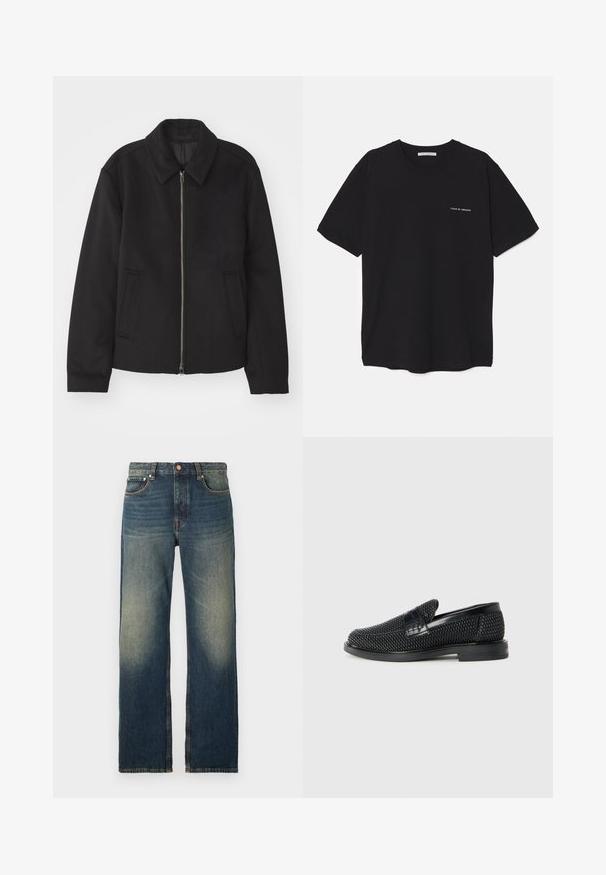 Must mustriga, mis on varustatud lukuga, kohandatud disaini, ümarate kaeluste ja lõhesalongidega taskudega. Valmistatud siledast, tekstuurilisest kangast.; Must musta T-särk, ümar kaelus, lühikesed varrukad ja valge logo trükk vasakul rinnal. Lihtne, ühtlane värvitoon.; Sirgeda sinise denimist valmistatud teksased, millel on kulunud välimus, kontrastne õmblus, viis taskut ning traditsiooniline nööbiga ja tõmbluku sulgemine.; Must musta kootud slip-on king, millel on pehme nahast accent ülaserval, ümmargune varvas ja madal profiiliga kummitald.