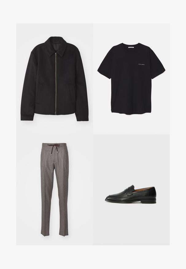 Černá bunda se zipovým uzávěrem, střižená designem, kulatým límcem a kapsami na bocích. Vyrobena z hladké, strukturované tkaniny.; Černé bavlněné tričko s kulatým výstřihem, krátkými rukávy a bílým logem potisknutým na levé straně hrudi. Jednoduchý, jednobarevný design.; Šedé tkané kalhoty s pasem na šňůrku, které mají jemný károvaný vzor, dva přední skladby a zúžené nohavice.; Černé kožené mokasíny s kulatou špičkou, jemným prošíváním a nízkým podpatkem, s hladkým povrchem a minimalistickým designem.