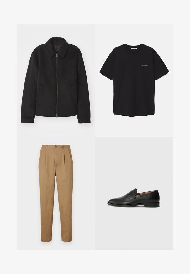 Sort jakke med lynlås, skræddersyet design, rund krave og slidser. Fremstillet af et glat, textureret stof.; Sort bomulds T-shirt med rund hals, korte ærmer og en hvid logo print på venstre bryst. Simpelt, ensfarvet design.; Tan pleated bukser med lige snit, lavet af et glat stof. Har knaplukning foran og sidelommer.; Sort læder loafer med rund tå, diskret syning, og lav hæl, der har en glat tekstur og minimalistisk design.