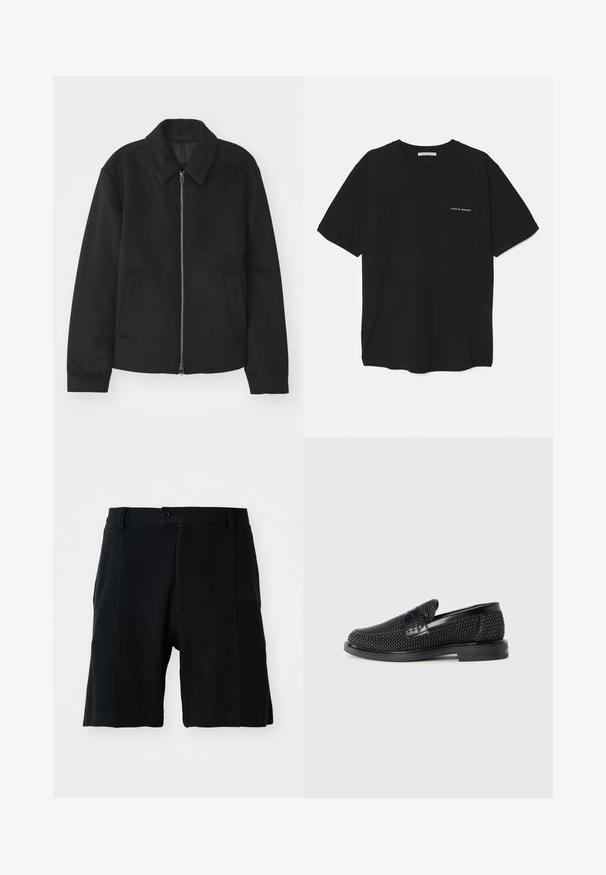 Svart jacka med dragkedjestängning, skräddarsydd design, rund krage och slitsfickor. Tillverkad av ett slätt, strukturerat tyg.; Svart bomull T-shirt med rund hals, korta ärmar och vit logotryck på vänster bröst. Enkel, enfärgad design.; Svarta shorts i texturerad väv, med framknäppning, sidofickor och rak passform, samt synliga sömdetaljer.; Svart vävd slip-on sko med en slät läderdetalj på ovansidan, med rund tådesign och en låg gummisula.