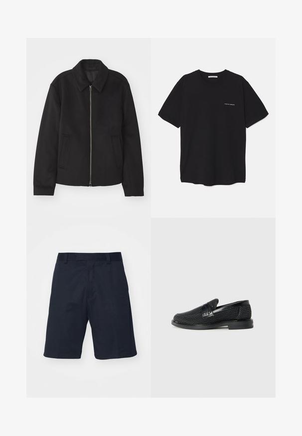 Svart jacka med dragkedjestängning, skräddarsydd design, rund krage och slitsfickor. Tillverkad av ett slätt, strukturerat tyg.; Svart bomull T-shirt med rund hals, korta ärmar och vit logotryck på vänster bröst. Enkel, enfärgad design.; Svarta shorts i ett mjukt tyg, med en slät front, bältesömmar och knälång design utan synliga mönster eller detaljer.; Svart vävd slip-on sko med en slät läderdetalj på ovansidan, med rund tådesign och en låg gummisula.
