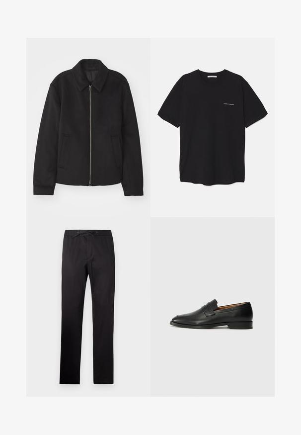 Svart jacka med dragkedjestängning, skräddarsydd design, rund krage och slitsfickor. Tillverkad av ett slätt, strukturerat tyg.; Svart bomull T-shirt med rund hals, korta ärmar och vit logotryck på vänster bröst. Enkel, enfärgad design.; Svarta byxor med elastiskt midjeband och snörning. Har en jämn yta och raka ben. Minimalistisk stil utan mönster.; Svart läderloafersko med rund tå, subtila sömnadsdetaljer och låg klack, med en jämn yta och minimalistisk design.