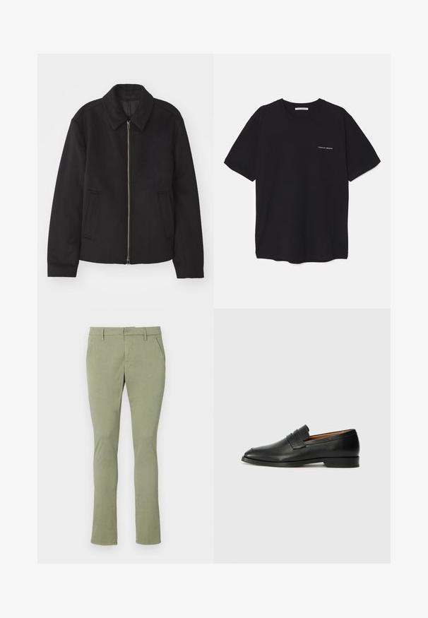 Fekete dzseki cipzárral, testreszabott dizájnnal, kerek nyakkal és zsebekkel. Sima, texturált anyagból készült.; Fekete pamut T-shirt kerek nyakkivágással, rövid ujjakkal, és fehér logónyomattal a bal mellrészen. Egyszerű, egyszínű dizájn.; Világoszöld, karcsú fazonú chines nadrág, puha anyagból készült. Lapított elülső része van, két oldalsó zsebe, és klasszikus derékrész, díszítések nélkül.; Fekete bőr mokaszin, kerek orral, diszkrét varrásokkal és alacsony sarokkal, sima felülettel és minimalista dizájnnal.