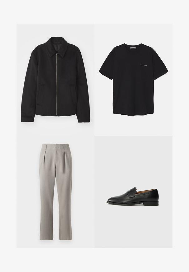 Černá bunda se zipovým uzávěrem, střižená designem, kulatým límcem a kapsami na bocích. Vyrobena z hladké, strukturované tkaniny.; Černé bavlněné tričko s kulatým výstřihem, krátkými rukávy a bílým logem potisknutým na levé straně hrudi. Jednoduchý, jednobarevný design.; Šedé upravené kalhoty s hladkou texturou, které mají přední záhyby, poutka na opasek a rovné nohavice. Materiál vypadá strukturovaně a lehce.; Černé kožené mokasíny s kulatou špičkou, jemným prošíváním a nízkým podpatkem, s hladkým povrchem a minimalistickým designem.