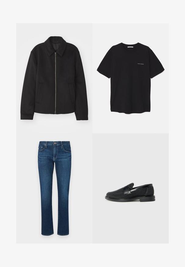 Casaco preto com fecho de correr, design ajustado, colarinho redondo e bolsos com fenda. Feito de um tecido liso e texturizado.; T-shirt preta de algodão com gola redonda, mangas curtas e impressão de logó tipo branca no lado esquerdo do peito. Design simples, de cor sólida.; Jeans de ganga azul escura com um design de perna reta, estilo clássico de cinco bolsos e fecho com botão na cintura. Textura suave.; Sandalha preta entrelaçada com um accento de couro liso na parte superior, design de biqueira redonda e sola de borracha de perfil baixo.