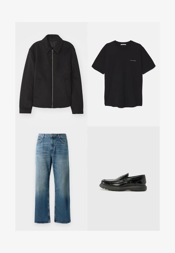 Casaco preto com fecho de correr, design ajustado, colarinho redondo e bolsos com fenda. Feito de um tecido liso e texturizado.; T-shirt preta de algodão com gola redonda, mangas curtas e impressão de logó tipo branca no lado esquerdo do peito. Design simples, de cor sólida.; Calças de ganga de perna larga em azul claro com um efeito desgastado, apresentando fecho de botão único, cinco bolsos e costuras em contraste.; Mocassim de couro preto com acabamento brilhante, bico arredondado, detalhes de costura subtil e sola de borracha espessa para durabilidade.