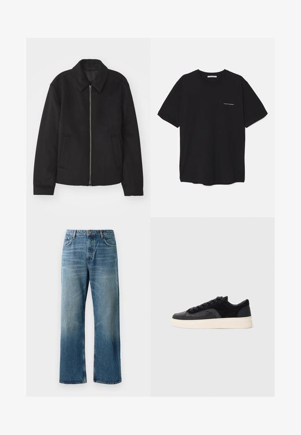 Must mustriga, mis on varustatud lukuga, kohandatud disaini, ümarate kaeluste ja lõhesalongidega taskudega. Valmistatud siledast, tekstuurilisest kangast.; Must musta T-särk, ümar kaelus, lühikesed varrukad ja valge logo trükk vasakul rinnal. Lihtne, ühtlane värvitoon.; Heledad sinised laiad teksad, millel on pleekinud pesu, koos ühe nupuga kinnitusega, viie taskuga ja kontrastõmblustega.; Mustad tossud, mis on valmistatud sileda nahast ja tekstureeritud seemisnahast, lamekinnitustega, ümarate varvastega ja kreemja kummitaldaga.