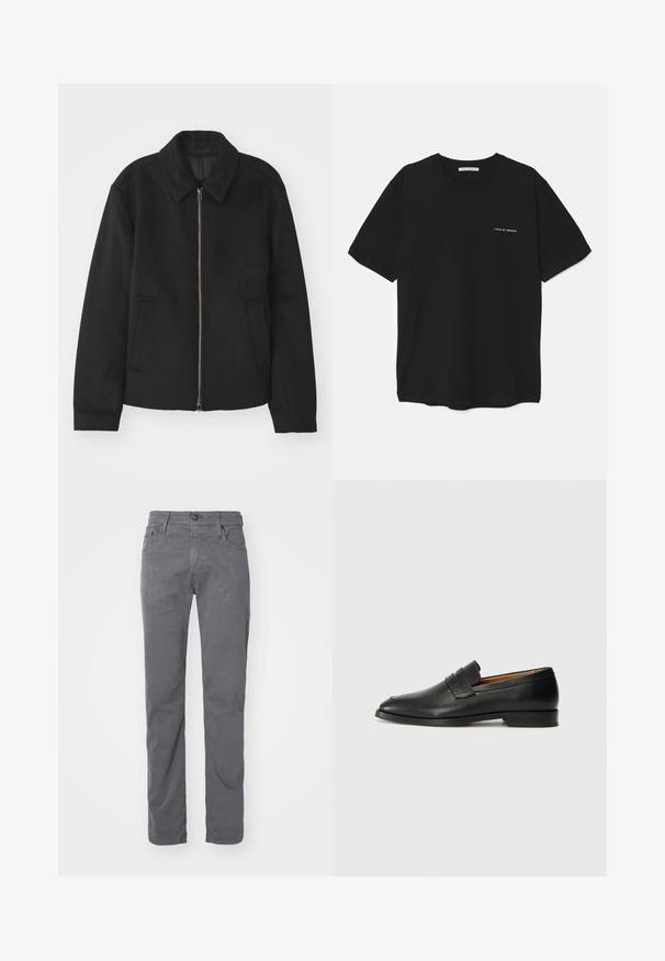 Črna jakna z zadrgo, prilagojena zasnova, okrogla ovratnica in žepi z rezi. Narejena iz gladke, teksturirane tkanine.; Črna bombažna majica s kratkimi rokavi in okroglim ovratnikom, z belim logotipom natisnjenim na levi prsni strani. Preprost, enobarven dizajn.; Sive bombažne hlače s pravimi nogavicami, petimi žepi, zankami za pas in zapiranjem na gumb. Gladek tekstura z minimalnimi vidnimi gubami.; Črne usnjene loferice z zaobljenim prstom, subtilnim šivanjem in nizkim petam, ki se odlikujejo po gladki teksturi in minimalističnem oblikovanju.