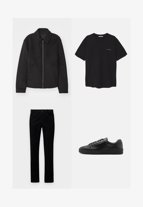 Black jacket with a zip closure, tailored design, a rounded collar, and slit pockets. Made from a smooth, textured fabric.; Black cotton T-shirt with a crew neck, short sleeves, and a white logo print on the left chest. Simple, solid color design.; Black corduroy pants with a straight-leg design, featuring front pockets and a metal button closure. Soft texture with vertical ribbing.; Black leather sneaker with round toe, flat rubber sole, and lace-up front. Smooth texture, minimalistic design, and subtle branding on the heel.