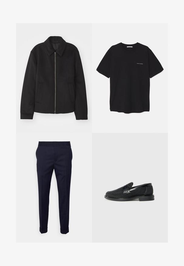 Juodas švarkas su užtrauktuku, pritaikyta forma, apvaliu apykakle ir kišenėmis su plyšiu. Pagamintas iš lygios, tekstūruotos medžiagos.; Juoda medvilninė marškinėlė su apykakle, trumpomis rankovėmis ir baltu logotipu kairėje krūtinės pusėje. Paprastas, vientisas spalvų dizainas.; Tamsiai mėlynos kelnes, su lygiu paviršiumi, turinčios elastingą juosmenį ir suktus kraštus, sukurtas siaurame siluete su šoninėmis kišenėmis.; Juodas pintas slip-on tipo batelis su lygiu odiniu akcentu viršuje, apvalios nosies dizainas ir žemas guminis padas.