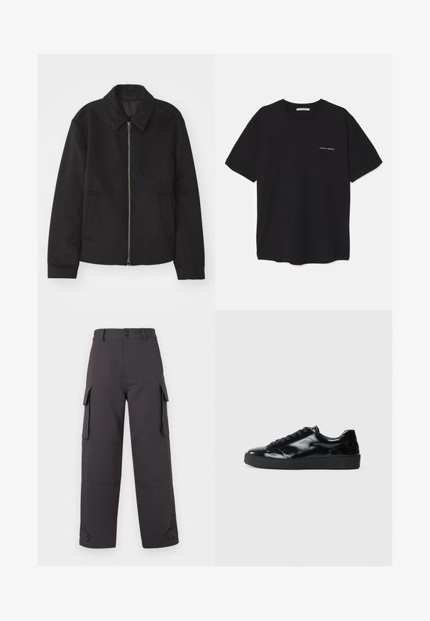 Casaco preto com fecho de correr, design ajustado, colarinho redondo e bolsos com fenda. Feito de um tecido liso e texturizado.; T-shirt preta de algodão com gola redonda, mangas curtas e impressão de logó tipo branca no lado esquerdo do peito. Design simples, de cor sólida.; Calças cargo em cinza escuro, feitas de tecido suave, apresentando dois bolsos laterais e fechos de botão. Corte folgado com bainhas com punho.; Ténis de pele sintética preta com ponta arredondada, design de atacadores, sola de borracha texturizada e acabamento suave.