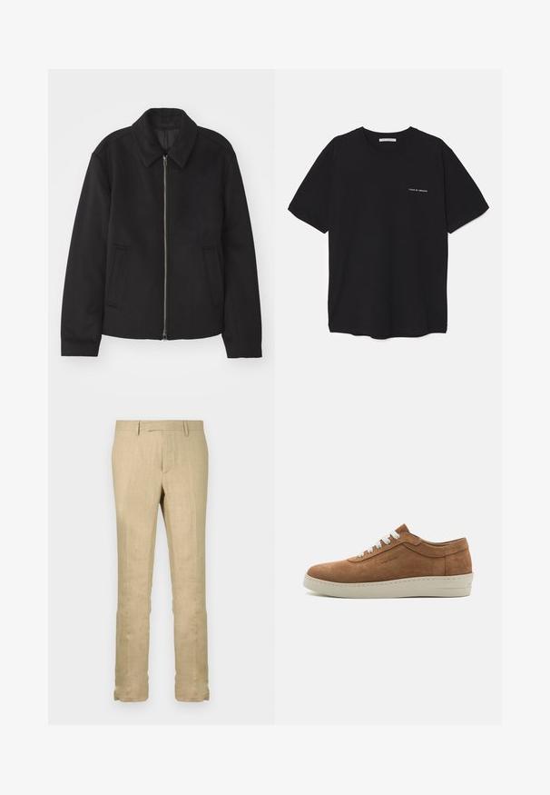 Chaqueta negra con cierre de cremallera, diseño ajustado, cuello redondeado y bolsillos con abertura. Fabricada en un tejido suave y texturizado.; Camiseta de algodón negra con cuello redondo, mangas cortas y un estampado de logo blanco en el lado izquierdo del pecho. Diseño simple y de color sólido.; Pantalones de lino beige, diseño de pierna recta, tejido ligero con una textura sutil, que presentan una cinturilla estándar y sin patrones visibles.; Zapatilla de ante marrón con cordones blancos, puntera redondeada y suela de goma texturizada. Presenta un acento cosido a lo largo del borde de la suela.