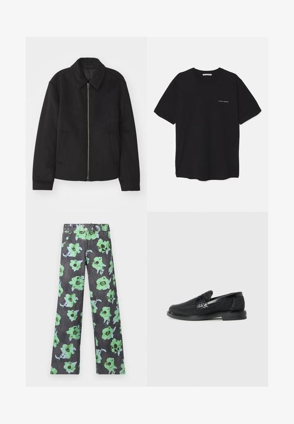 Giacca nera con chiusura con zip, design sartoriale, collo arrotondato e tasche a fessura. Realizzata in un tessuto morbido e texture.; T-shirt in cotone nero con collo rotondo, maniche corte e stampa bianca del logo sul lato sinistro del petto. Design semplice e monocromatico.; Pantaloni stampati floreali in grigio scuro con grandi fiori verdi e blu. Include una cintura coordinata con numerosi rivetti e occhielli.; Scarpa nera a mocassino intrecciata con un accentuato in pelle liscia sulla parte superiore, design a punta rotonda e suola in gomma a profilo basso.