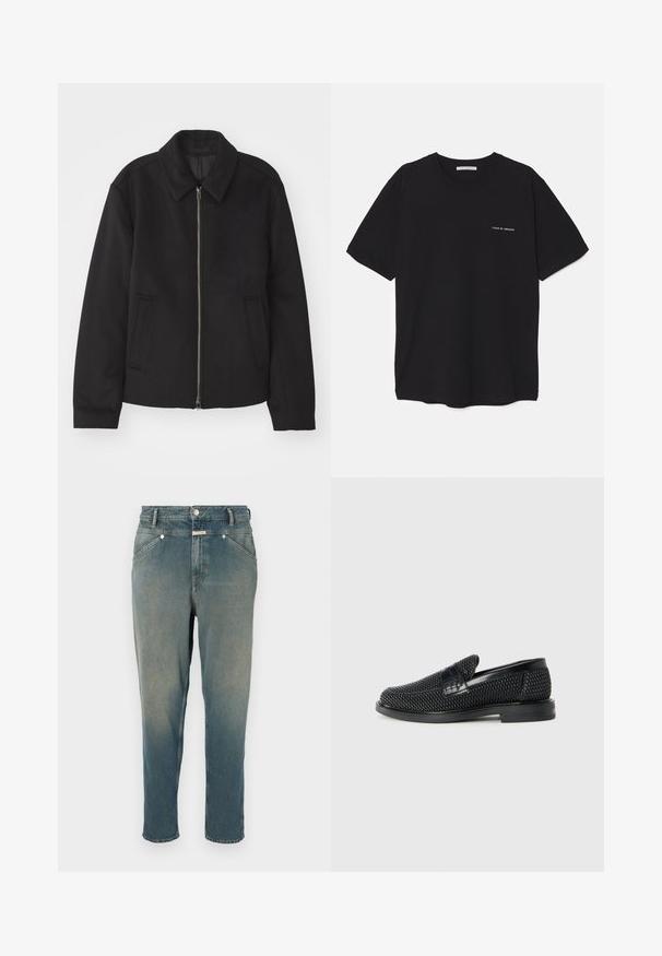 Juodas švarkas su užtrauktuku, pritaikyta forma, apvaliu apykakle ir kišenėmis su plyšiu. Pagamintas iš lygios, tekstūruotos medžiagos.; Juoda medvilninė marškinėlė su apykakle, trumpomis rankovėmis ir baltu logotipu kairėje krūtinės pusėje. Paprastas, vientisas spalvų dizainas.; Laisvi džinsai blukusio mėlynumo, tiesaus kirpimo su aukštu liemeniu. Pasižymi diržo kilpomis, penkiomis kišenėmis ir metaliniu užsegimu. Lengvai nudėvėtas paviršius.; Juodas pintas slip-on tipo batelis su lygiu odiniu akcentu viršuje, apvalios nosies dizainas ir žemas guminis padas.