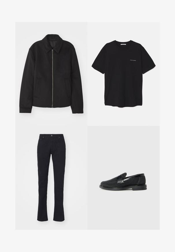Fekete dzseki cipzárral, testreszabott dizájnnal, kerek nyakkal és zsebekkel. Sima, texturált anyagból készült.; Fekete pamut T-shirt kerek nyakkivágással, rövid ujjakkal, és fehér logónyomattal a bal mellrészen. Egyszerű, egyszínű dizájn.; Fekete pamut nadrág egyenes fazonban, gombos záródással, két elülső zsebbel és sima textúrával. Nincsenek minták vagy díszítések.; Fekete szőtt slip-on cipő sima bőr díszítéssel a felsőrészen, kerek orral és alacsony profilos gumitalppal.
