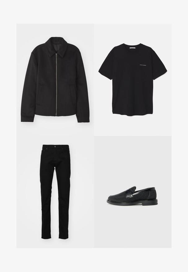 Must mustriga, mis on varustatud lukuga, kohandatud disaini, ümarate kaeluste ja lõhesalongidega taskudega. Valmistatud siledast, tekstuurilisest kangast.; Must musta T-särk, ümar kaelus, lühikesed varrukad ja valge logo trükk vasakul rinnal. Lihtne, ühtlane värvitoon.; Mustad teksapüksid kitsase lõikega, klassikalise viie taskuga disainiga, metallist nööp ja õmblustega detailid taskutel.; Must musta kootud slip-on king, millel on pehme nahast accent ülaserval, ümmargune varvas ja madal profiiliga kummitald.