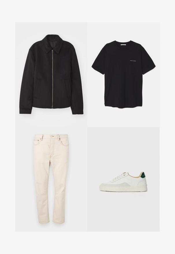 Črna jakna z zadrgo, prilagojena zasnova, okrogla ovratnica in žepi z rezi. Narejena iz gladke, teksturirane tkanine.; Črna bombažna majica s kratkimi rokavi in okroglim ovratnikom, z belim logotipom natisnjenim na levi prsni strani. Preprost, enobarven dizajn.; Beige kavbojke z ravnim krojem, z five žepi, kontrastnim šivom in gumbom za zapiranje na pasu.; Bela trenerka z zaključki iz semiša, okroglo konico, ravne vezalke in kremna gumijasta podplata. Ima zeleno blagovno znamko na peti.