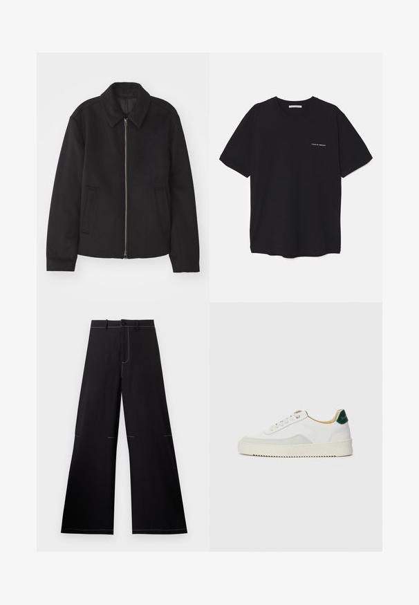 Must mustriga, mis on varustatud lukuga, kohandatud disaini, ümarate kaeluste ja lõhesalongidega taskudega. Valmistatud siledast, tekstuurilisest kangast.; Must musta T-särk, ümar kaelus, lühikesed varrukad ja valge logo trükk vasakul rinnal. Lihtne, ühtlane värvitoon.; Mustad laiad mustad püksid, millel on valged õmblused, nupuga kinnitamine ja vöökohal aasadega. Valmistatud kergest kangast.; Valged tennisjalanõud, millel on sametised aktsendid, ümar varvas, lame nöörid ja kreemjas kummine põhja. Hästi nähtav roheline bränding kannal.