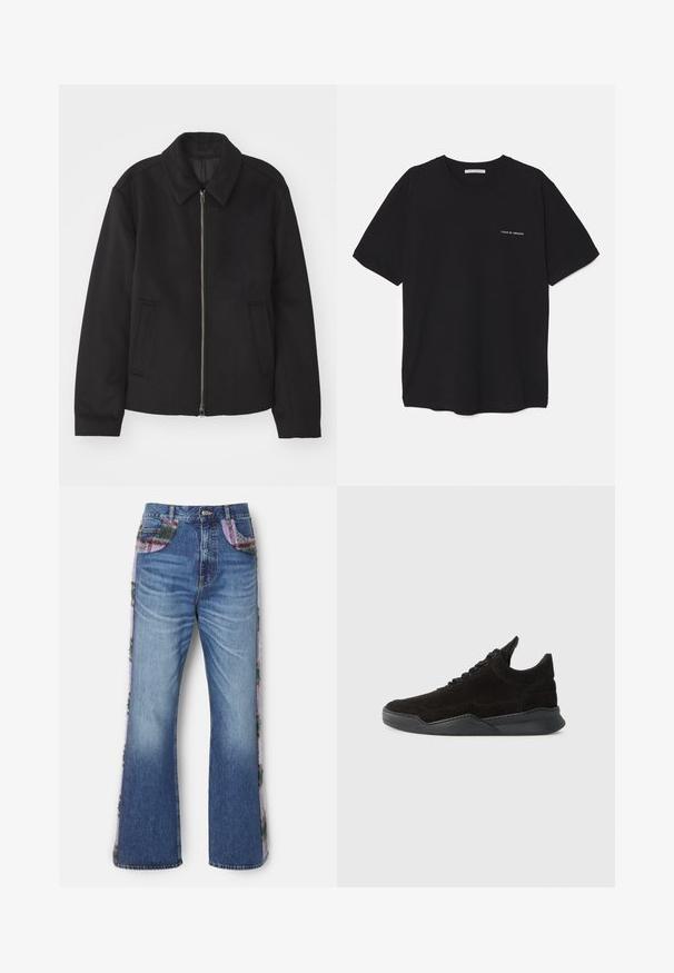 Črna jakna z zadrgo, prilagojena zasnova, okrogla ovratnica in žepi z rezi. Narejena iz gladke, teksturirane tkanine.; Črna bombažna majica s kratkimi rokavi in okroglim ovratnikom, z belim logotipom natisnjenim na levi prsni strani. Preprost, enobarven dizajn.; Modri flared džins hlače z dekorativnimi stranskimi paneli, ki imajo večbarvno kosmato teksturo in kontrastne tkaninske akcentke na žepih.; Črne semiške superge z nizkim profilom, teksturiranim zgornjim delom, ravnimi vezalkami in trdnim gumijastim podplatom, ki ima rahlo peto in ukrivljen dizajn.
