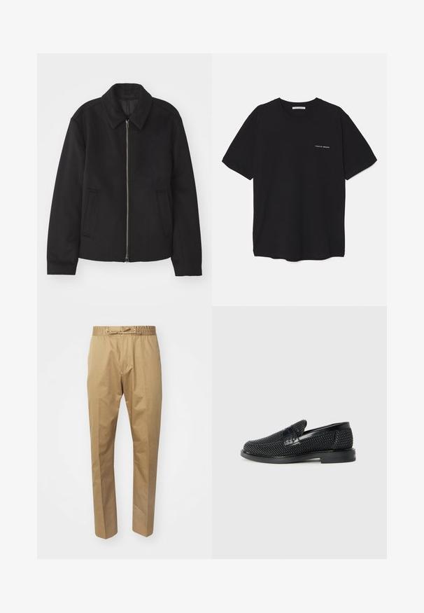 Čierna bunda so zipsom, upravený strih, okrúhly golier a bočné vrecká. Vyrobená z hladkej, textúrovanej látky.; Čierne bavlnené tričko s okrúhlym výstrihom, krátkymi rukávmi a bielou potlačou loga na ľavej hrudi. Jednoduchý, jednoliaty dizajn.; Béžové nohavice s elastickým pásom a nastaviteľnou šnúrkou. Hladká textúra, rovné nohavice a minimalistický dizajn.; Čierne tkané slip-on topánky s hladkým koženým akcentom na vrchnej časti, s okrúlym dizajnom špičky a nízkoprofilovou gumovou podrážkou.