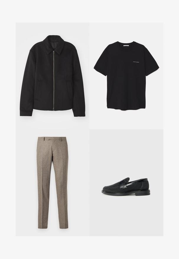 Casaco preto com fecho de correr, design ajustado, colarinho redondo e bolsos com fenda. Feito de um tecido liso e texturizado.; T-shirt preta de algodão com gola redonda, mangas curtas e impressão de logó tipo branca no lado esquerdo do peito. Design simples, de cor sólida.; Calças em mistura de lã castanha com um design de perna reta, apresentando uma textura subtil e linhas de vinco, acabadas com uma cintura clássica.; Sandalha preta entrelaçada com um accento de couro liso na parte superior, design de biqueira redonda e sola de borracha de perfil baixo.
