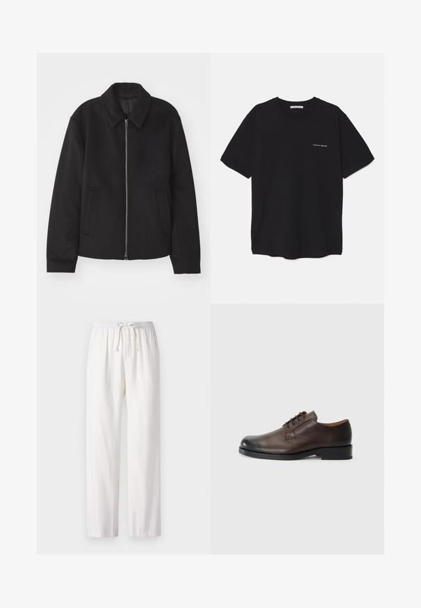 Jachetă neagră cu închidere prin fermoar, design ajustat, guler rotund și buzunare cu fanta. Fabricată dintr-un material neted, texturat.; Tricou din bumbac negru, cu guler rotund, mâneci scurte și un imprimeu alb cu logo pe partea stângă a pieptului. Design simplu, de culoare uniformă.; Pantaloni albi, ușori, cu talie elastică și șnur. Design cu picior drept, cu o textură netedă. Fără modele sau accente.; Pantof brun din piele cu vârf rotund, toc jos, design cu șireturi și textură netedă. Prezintă cusături minime și un finisaj lustruit.