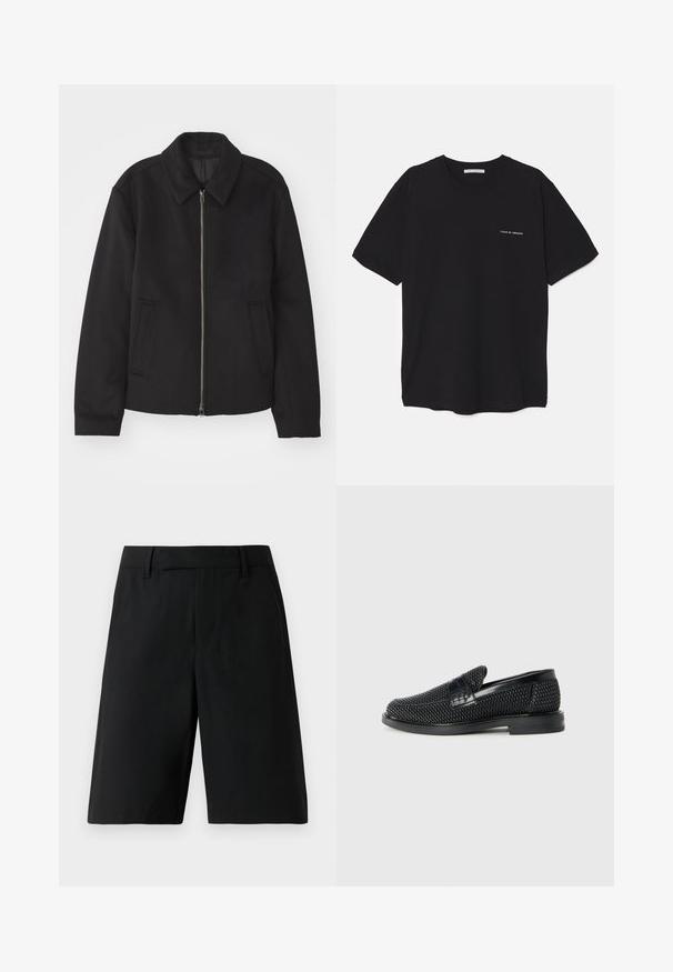 Čierna bunda so zipsom, upravený strih, okrúhly golier a bočné vrecká. Vyrobená z hladkej, textúrovanej látky.; Čierne bavlnené tričko s okrúhlym výstrihom, krátkymi rukávmi a bielou potlačou loga na ľavej hrudi. Jednoduchý, jednoliaty dizajn.; Čierne šortky po kolená s úpravou na mieru, pútka na opasok, plochý predný diel a bočné vrecká na svetlom pozadí.; Čierne tkané slip-on topánky s hladkým koženým akcentom na vrchnej časti, s okrúlym dizajnom špičky a nízkoprofilovou gumovou podrážkou.