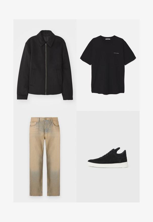 Crna jakna s patentnim zatvaračem, prilagođenog dizajna, zaobljenim kragnom i proreznim džepovima. Izrađena od glatkog, teksturiranog materijala.; Crna pamučna majica s okruglim izrezom, kratkim rukavima i bijelim logotipom otisnutim na lijevoj strani prsnog koša. Jednostavan dizajn u jednoj boji.; Bež traperice s ravnim nogavicama, s izblijedjelim efektom na dnu, pet džepova i zatvaranjem na dugme.; Crne nubuk tenisice s bijelim gumenim potplatom, s toniranim šavovima i dizajnom vezanja. Glatka tekstura s modernim, strujnim oblikom.