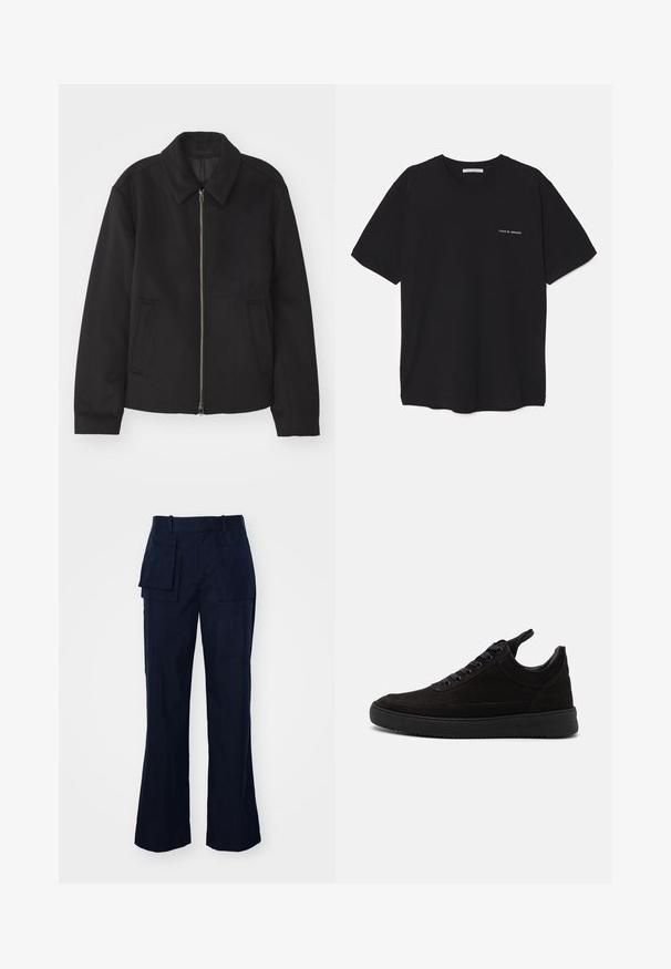 Juodas švarkas su užtrauktuku, pritaikyta forma, apvaliu apykakle ir kišenėmis su plyšiu. Pagamintas iš lygios, tekstūruotos medžiagos.; Juoda medvilninė marškinėlė su apykakle, trumpomis rankovėmis ir baltu logotipu kairėje krūtinės pusėje. Paprastas, vientisas spalvų dizainas.; Jūrų laivyno cargo kelnės su tiesia kojos konstrukcija, turinčios kelis didelius kišenius, plokščią juosmenį ir lygų, tekstūruotą audinį.; Juodos zomšinės sportbačiai su apvaliu nosiu, raišteliais priekyje, paminkštintu apvadu ir tekstūruota guma, užtikrinančia sukibimą. Minimalistinis dizainas ir lygus paviršius.