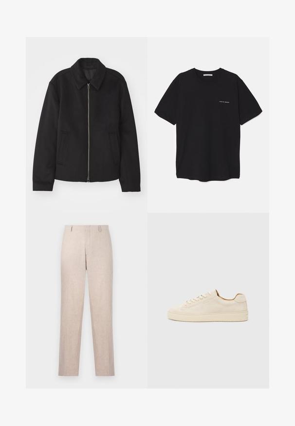 Črna jakna z zadrgo, prilagojena zasnova, okrogla ovratnica in žepi z rezi. Narejena iz gladke, teksturirane tkanine.; Črna bombažna majica s kratkimi rokavi in okroglim ovratnikom, z belim logotipom natisnjenim na levi prsni strani. Preprost, enobarven dizajn.; Svetlo bež hlače prirejene iz teksturirane tkanine. Design ravnih nogavic z dvema sprednjima žepoma in ravnim pasom. Brez vidne opreme.; Bež suède teniska z nizkim dizajnom, okroglim prstom, ravnimi čipkami in teksturirano gumijasto podplatom. Minimalističen slog brez vidnih logotipov.