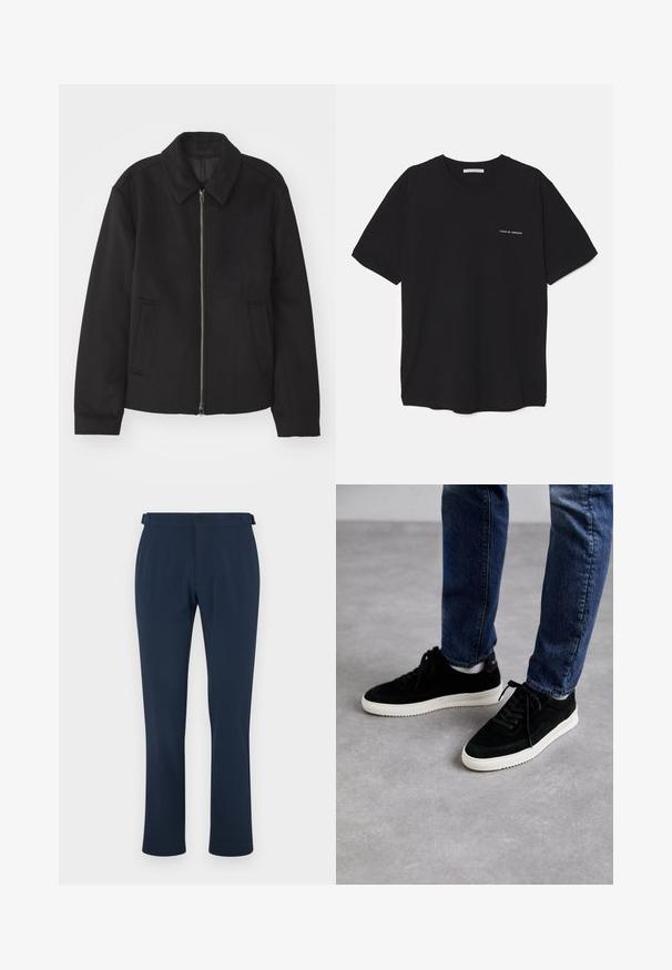 Fekete dzseki cipzárral, testreszabott dizájnnal, kerek nyakkal és zsebekkel. Sima, texturált anyagból készült.; Fekete pamut T-shirt kerek nyakkivágással, rövid ujjakkal, és fehér logónyomattal a bal mellrészen. Egyszerű, egyszínű dizájn.; Sötétkék nadrág sima szövetből, egyenes szárú kialakítással, övtartókkal és egyetlen gombbal záródik. Minimalista stílusú, minták nélkül.; Fekete velúr sportcipők fehér gumi talppal, klasszikus alacsony fazonnal, kerek orral és lapos fekete fűzőkkel.